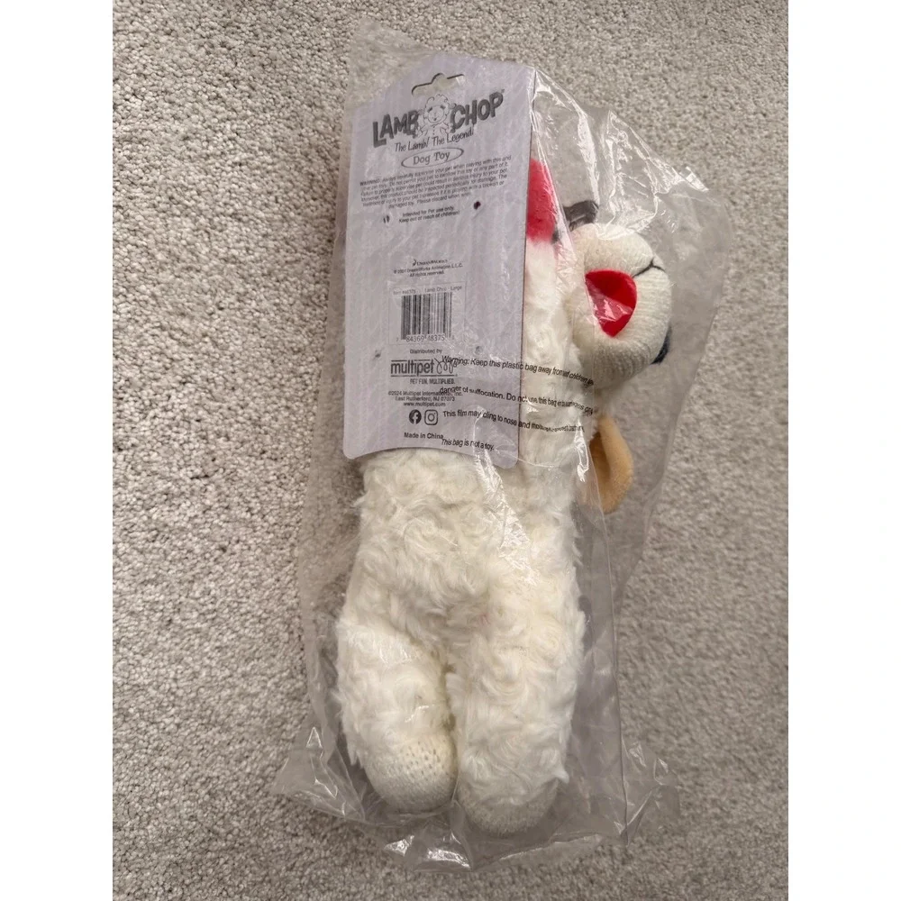 Multipet Lamb Chop Large Plush Squeaky Dog Toy White Red 48375 NEW - Picture 3 of 6